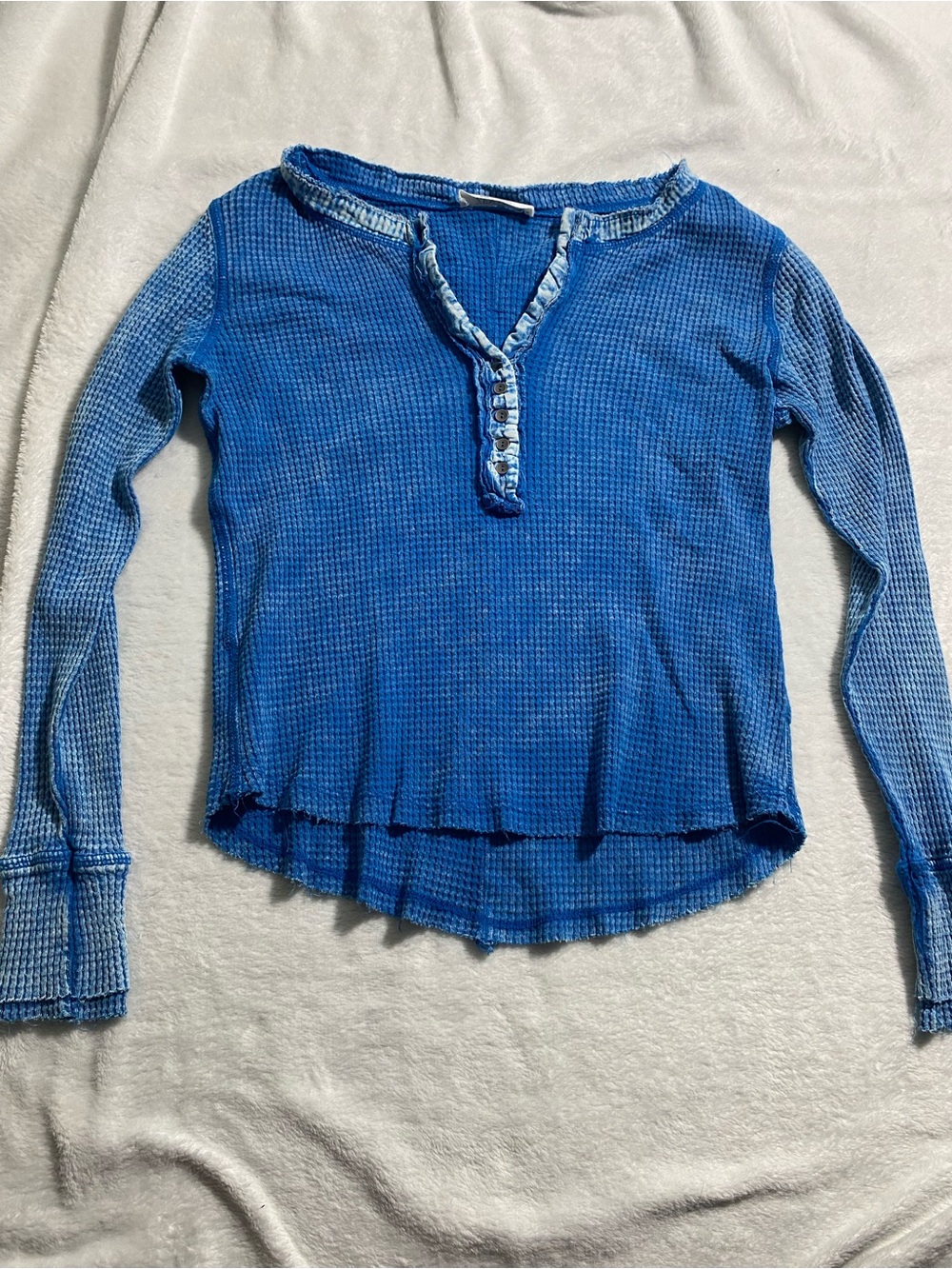 Zenana Outfitters Blue Waffle Knit Henley Long Sleeve Top